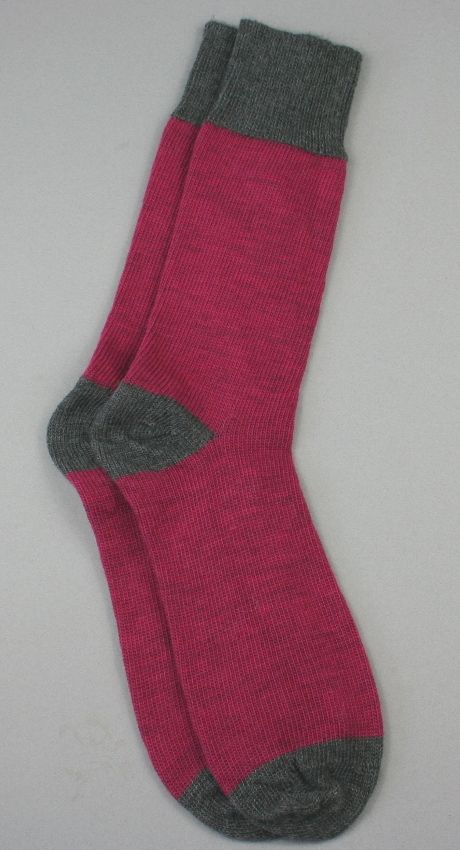 Men's pink socks with contract grey cuff, toe and heel in a blend of alpaca and blue faced Leicester wool from Arthur & Henry